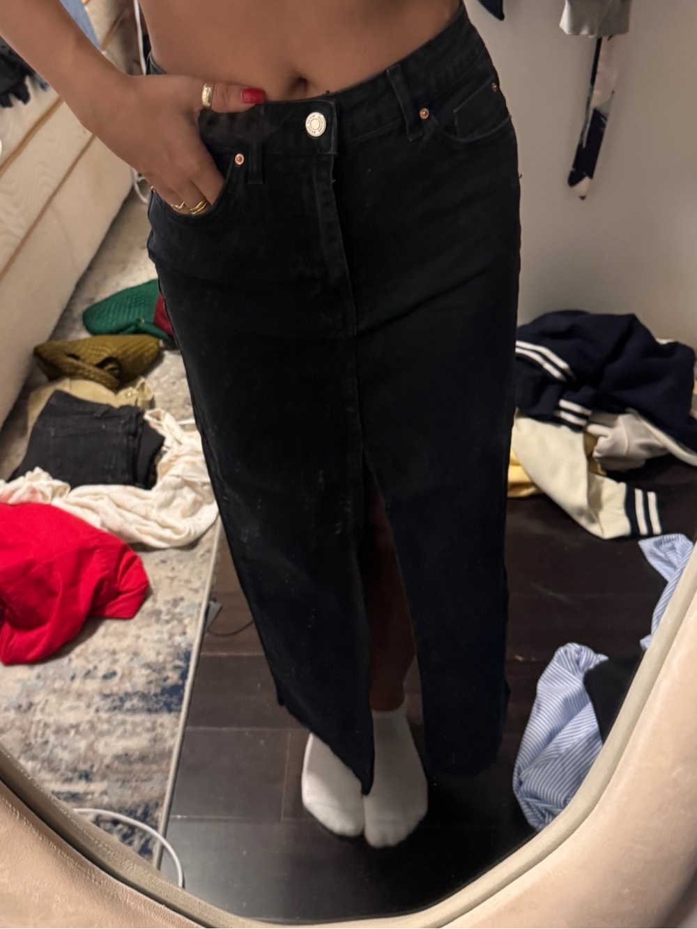 Black High-Waist Midi Denim Skirt with Front Slit